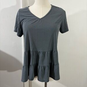 Women's Green Envelope Soft Gray Short Sleeve Babydoll Top V Neck Tiered Sz S
